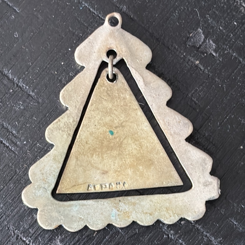 Signed Vintage Alpaca Silver Tone and Blue Triangle Pendant Geometric 3D - Picture 3 of 6